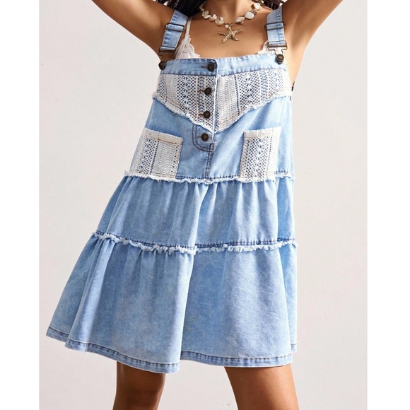 Light Wash Crochet Frayed Detail Adjustable Denim Jean Mini Dress - Picture 1 of 6